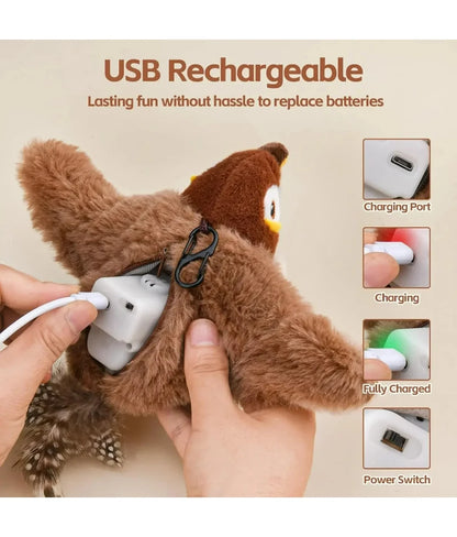 Interactive Cat Toys Rechargeable Flying Bird Cat Toy Chirping Flapping Bird(No Flying) Can Add Catnip Touch Activated Plush Toy
