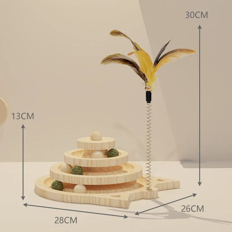 Wooden 2/3 Levels Pet Cat Toy Tower Tracks Disc Cat Intelligence Amusement Triple Play Disc Cat Toys Ball Training Toys