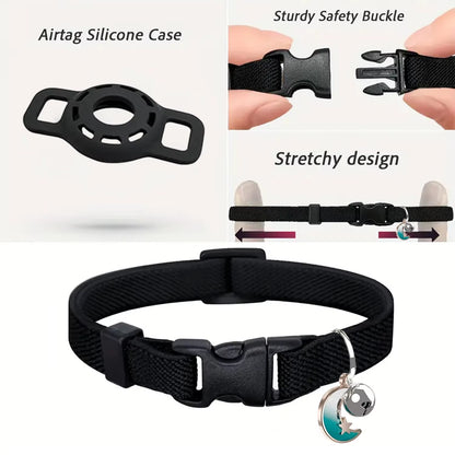 Fashion Airtag Pet Collar Adjustable Elastic Nylon Puppy Cat Collar with Bell Anti-Lost GPS Tracker Case（No Tracker Included）